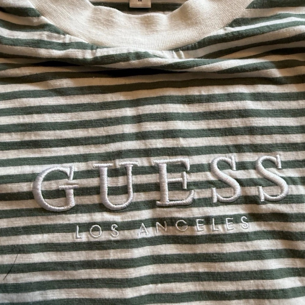 Vintage 90s Guess Green and White Striped Tee Sz med embroidered logo